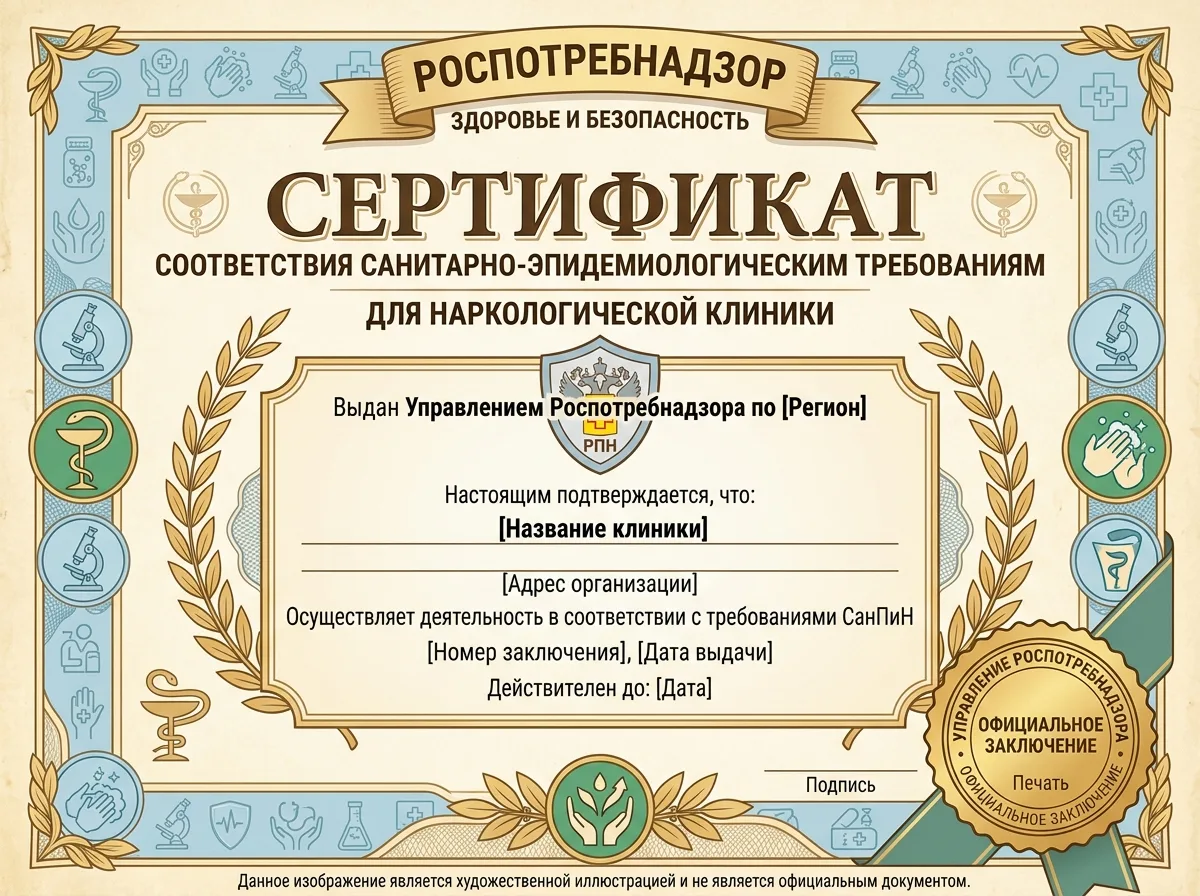 Сертификат соответствия санитарно-эпидемиологическим требованиям Роспотребнадзора для наркологической клиники, официальный бланк
